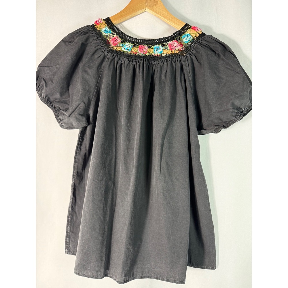 Boho Floral Crochet Embroidered Peasant Blouse Black Puff Sleeve Top‎ Homemade